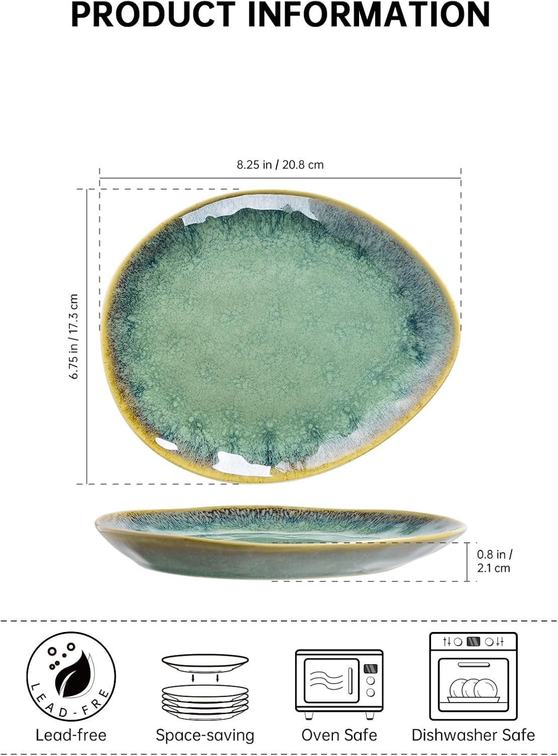 Henten Home Special kameninové talíře, misky na svačinu a omáčku - 20x17cm pro 4 osoby, porcelánové snídaňové talíře - moderní zelený design