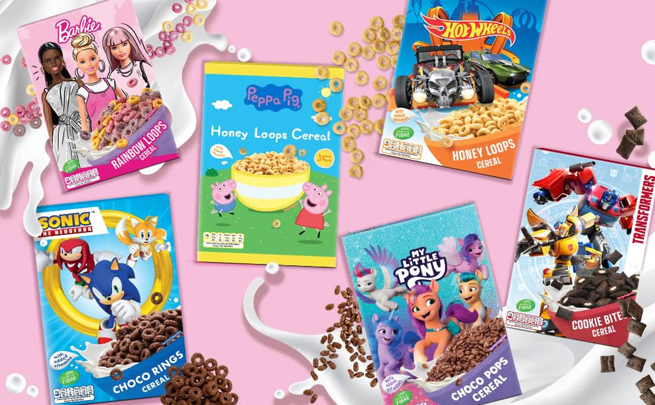 Barbie Rainbow Loops cereálie, barevné kroužky pšenice, ovsa a kukuřice s ovocnou příchutí pro perfektní snídani, 1 balení (1 x 350 g)