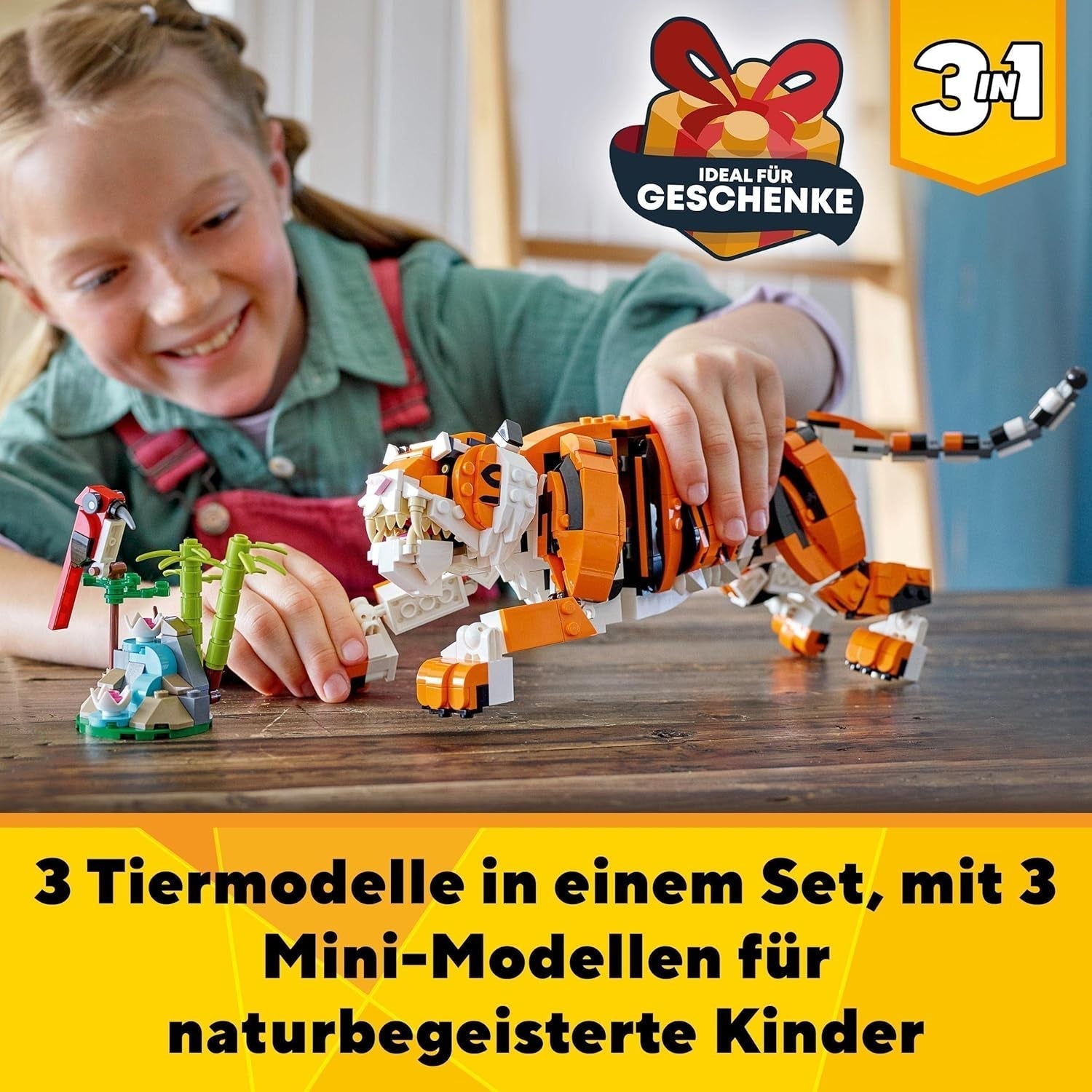 LEGO 31129 Creator Majestátní tygr, panda nebo ryba Sada figurky zvířat 3 v 1 Hračka pro děti Chlapci a dívky Stavebnice zvířat Stavebnice Stavebnice Besuche den LEGO-Store
