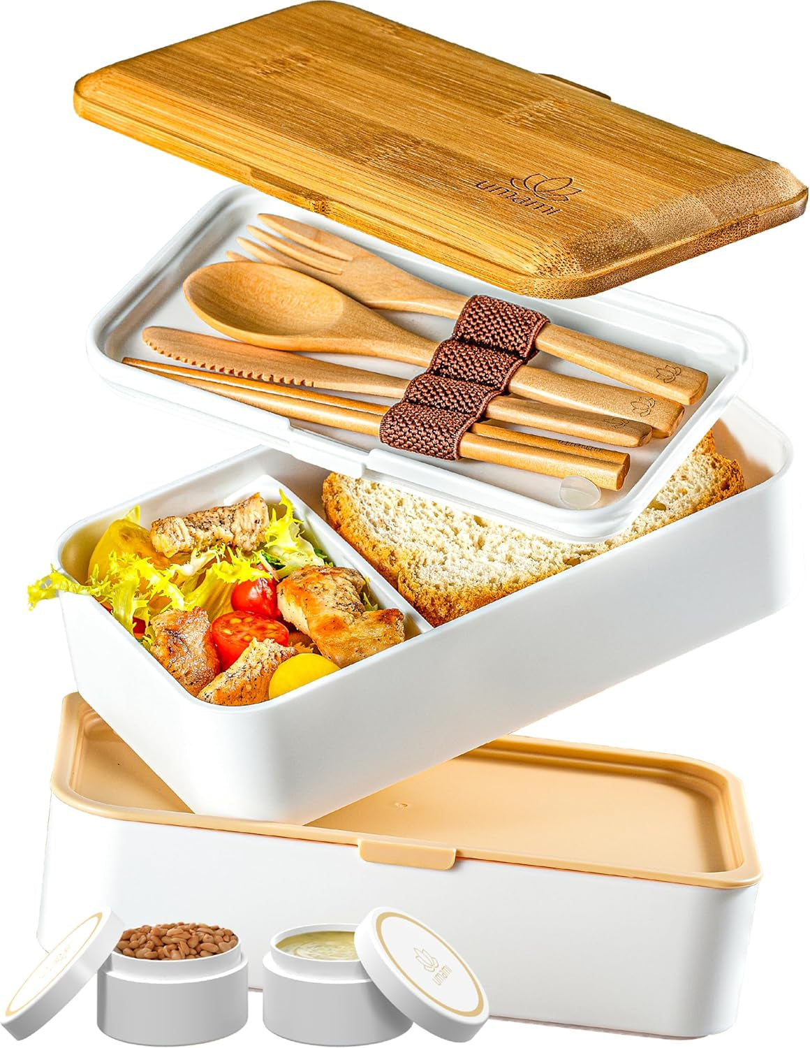 Umami Lunch Box pro dospělé, Netěsný stohovatelný Bento Box se 4 příbory a přihrádkami, Box na oběd pro dospělé, To-Go Zásobník na salát, Piknik / Kancelář Lunch Box, Charcoal Grey, 1500 ml