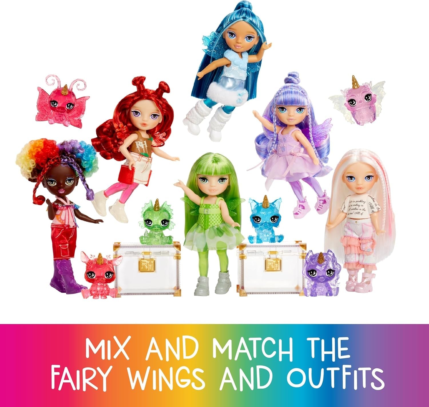 Rainbow High Littles Rainbow Fantasy víla a mazlíček - smaragdová, zelená - 14 cm kloubová malá fantasy dračí panenka s vyměnitelnými křídly víly, sladký dárek pro děti od 4 let