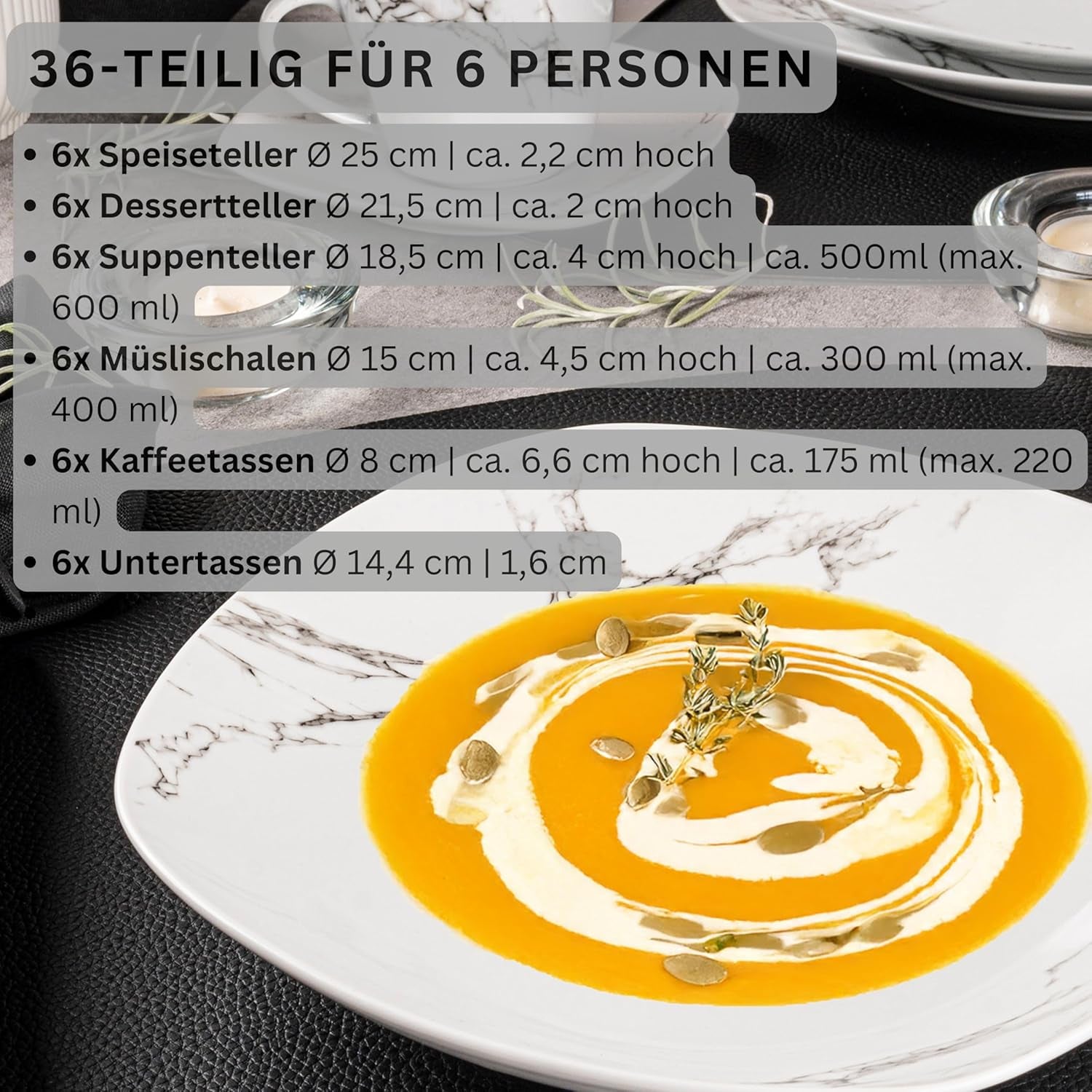 SANGER | Bilgola mramorová kombinovaná sada jídelního nádobí 36dílná sada jídelního nádobí pro 6 osob s talíři, dezertními talíři, talíři Suma, cereáliemi, kávovými talíři a porcelánovými podšálky, čtvercové | PRÉMIOVÁ KOLEKCE