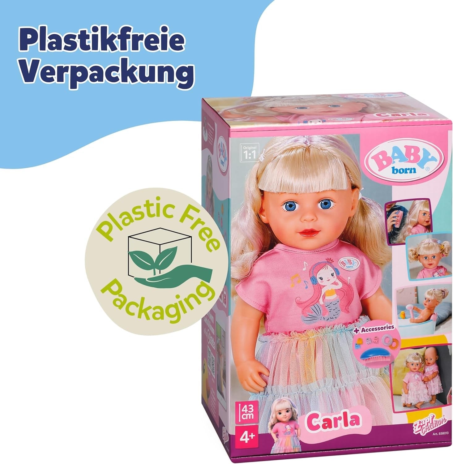 BABY born Carla - 43 cm panenka - kvalitní blond vlasy s pramínky - nejsou potřeba baterie - vhodné pro děti od 4 let - obsahuje 7 doplňků, růžová