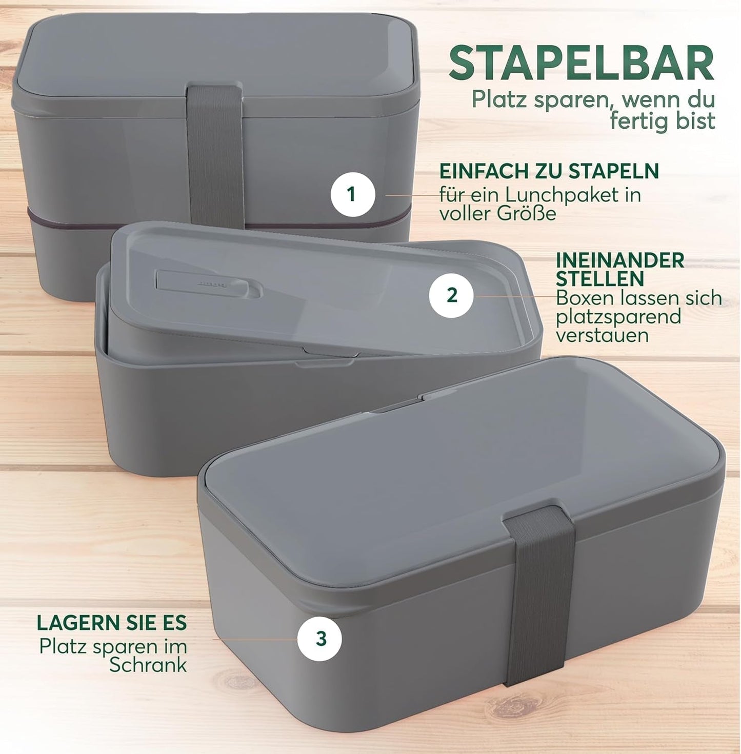 Umami Lunch Box pro dospělé, Stohovatelný Bento Box se 4 příbory a přihrádkami, Box na oběd pro dospělé, Zásobník na salát, Piknik / Kancelář Lunch Box, Charcoal Grey, 1500 ml krabičky na potraviny Naty Shop