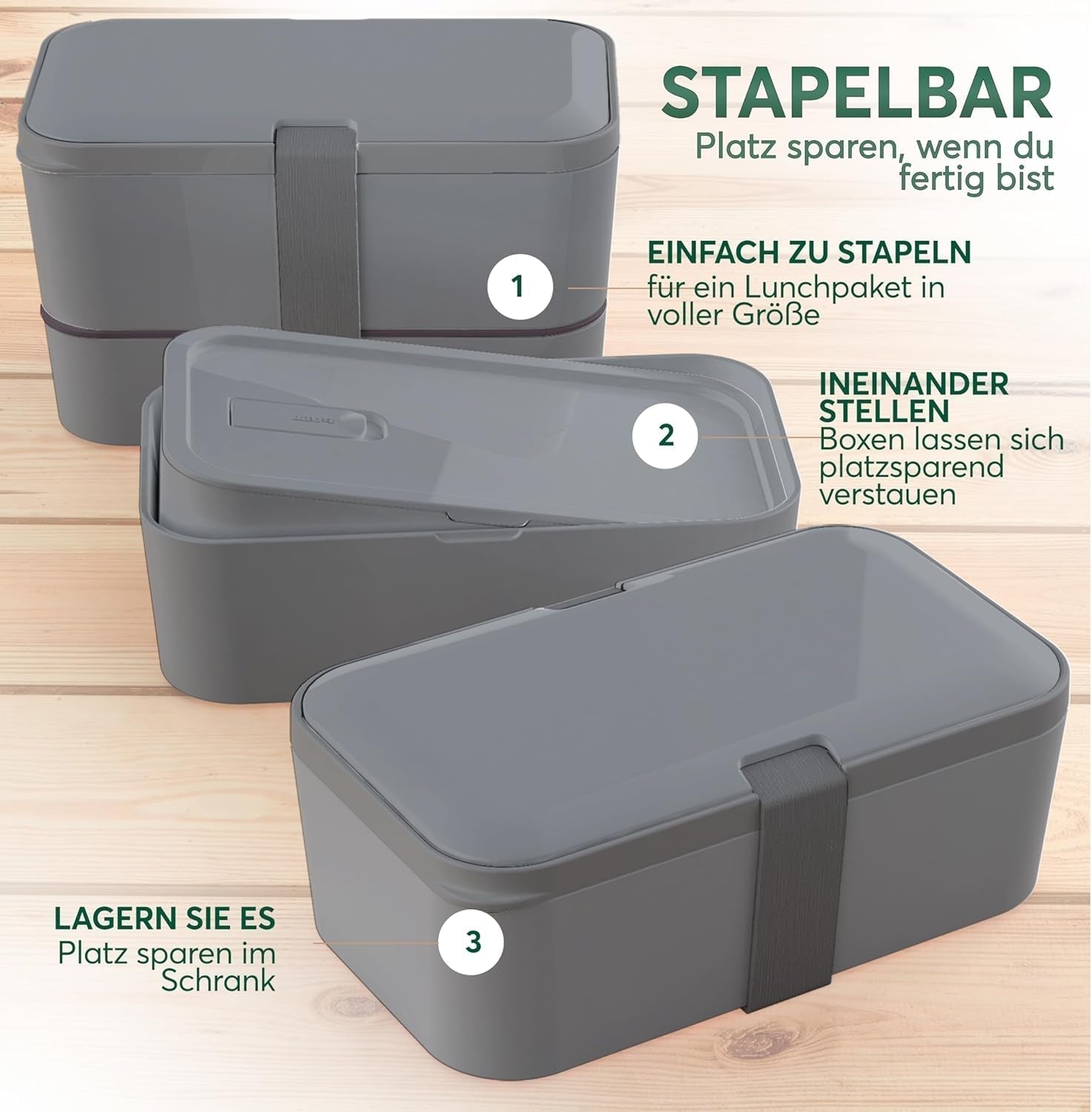 Umami Lunch Box pro dospělé, Stohovatelný Bento Box se 4 příbory a přihrádkami, Box na oběd pro dospělé, Zásobník na salát, Piknik / Kancelář Lunch Box, Charcoal Grey, 1500 ml krabičky na potraviny Naty Shop