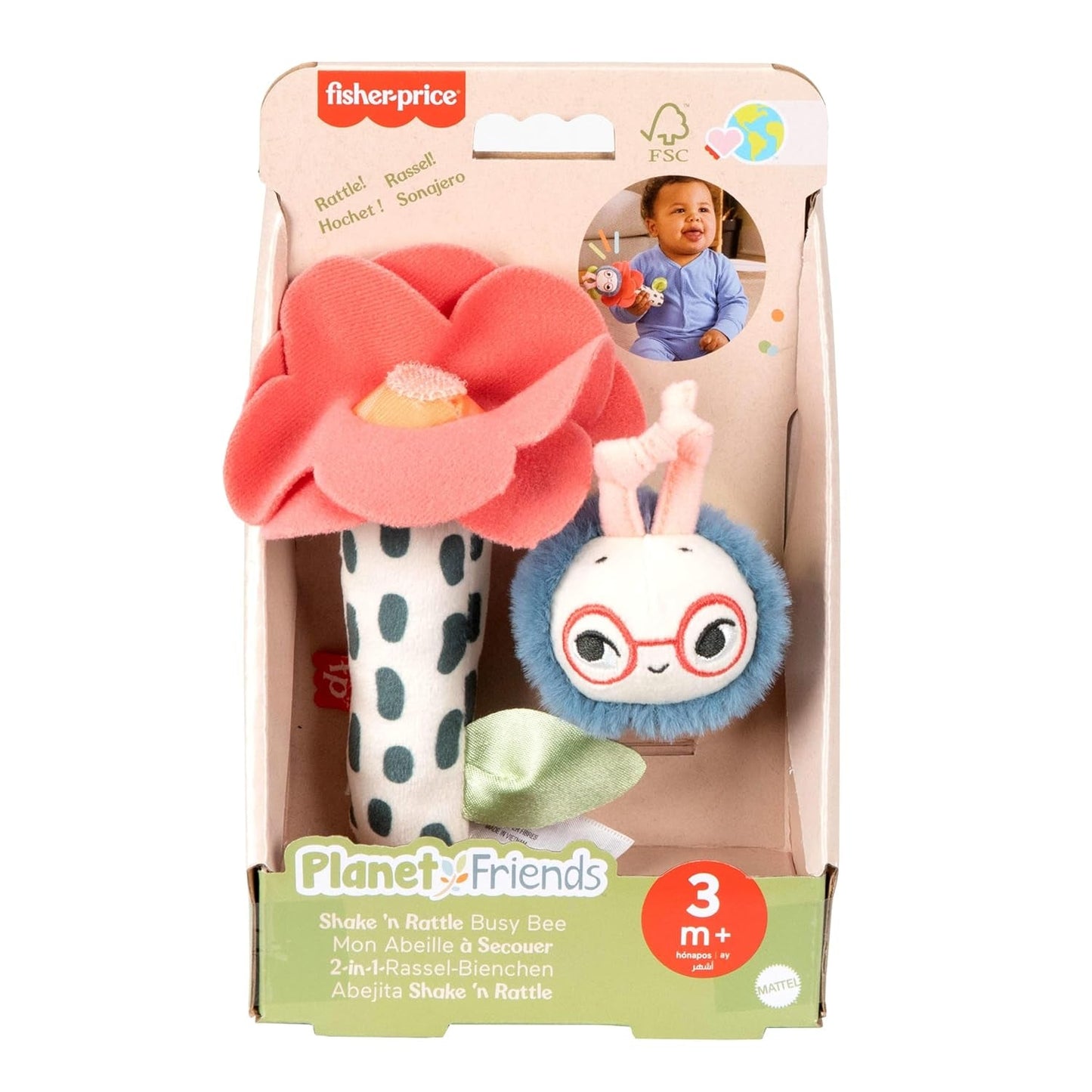 Dětská hračka Fisher-Price Planet Friends 2 v 1 zvonek a včelí senzorická plyšová hračka jako dvoudílná sada pro novorozence do 3 měsíců, dětské hračky HYR56 Naty Shop