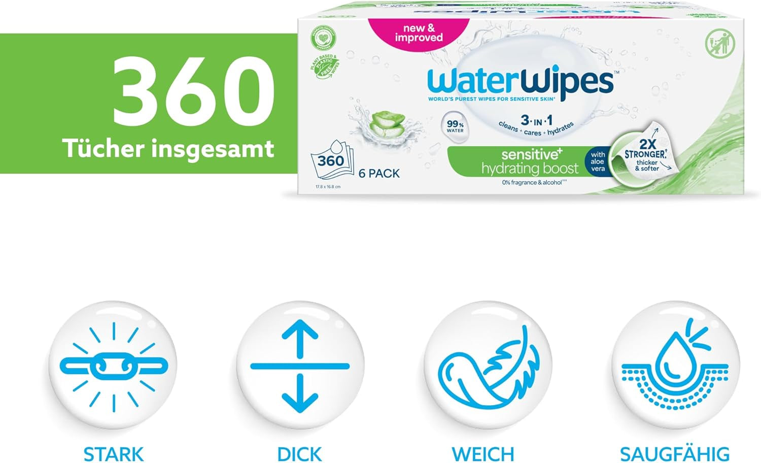 WaterWipes Sensitive+ Hydrating Boost vlhčené ubrousky, hydratační ubrousky, 360 kusů (6 balení), 3 v 1 čistí, pečují, hydratují, 99% voda z Aloe Vera, neparfémované dětské ubrousky