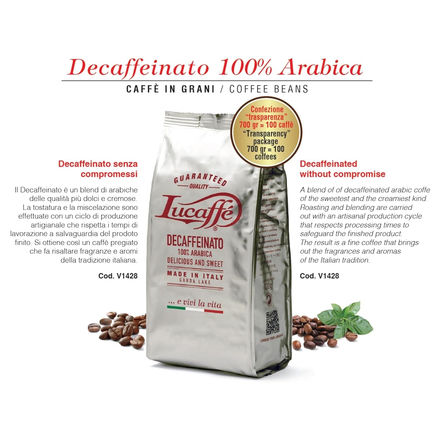 Lucaffè – Entkoffeinierte Kaffeebohnen Decaffeinato, 700 gr | Kaffeebohnen zum Mahlen für Espresso nebo Kaffein | Dark Röstung | Süßer und fruchtiger Gesmack, krémový | Intenzivní aroma