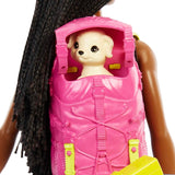 Panenka Barbie HDF74 ve dvou baleních! Brooklyn Camping Doll (bruneta se zapletenými copánky, cca 29 cm) se štěnětem, batohem, spacím pytlem, 10 kempingovými doplňky, dárek pro děti od 3 let