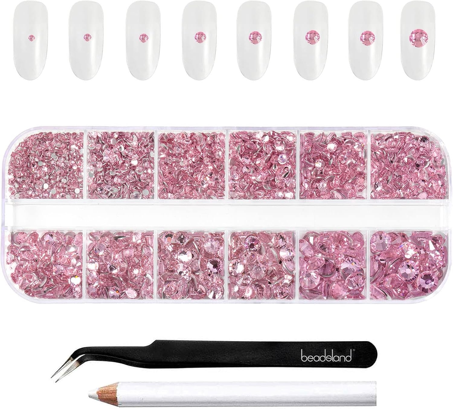 Beadsland 2500 ks Glas Nailart Strasssteine ​​​​Kristall Flatback Edelsteine ​​Runde, ​​Für Handwerk Gemischt 8 Größen SS4 ~ SS30 Mit Picking Pinzette Und Stift (Kristall Weiss)