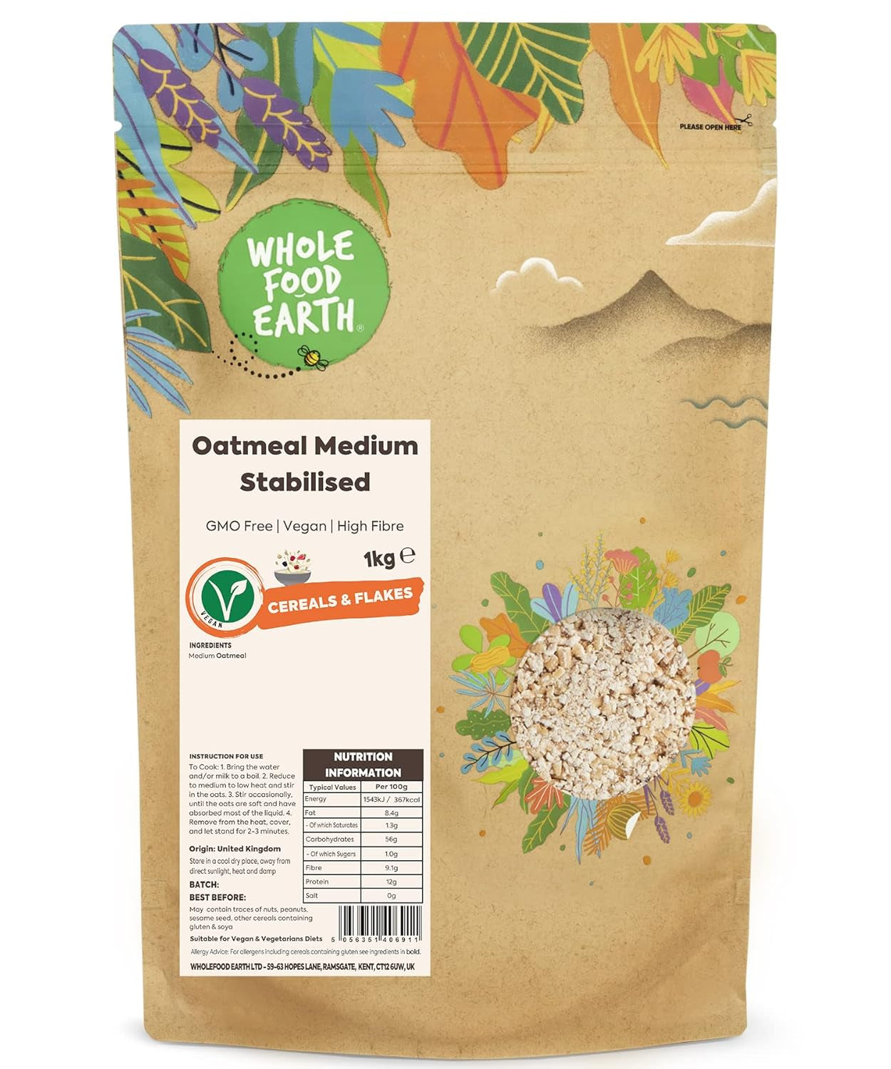 Wholefood Earth Pinhead Ovesné vločky hrubé stabilizované 3kg | Bez GMO | Bohaté na vlákninu
