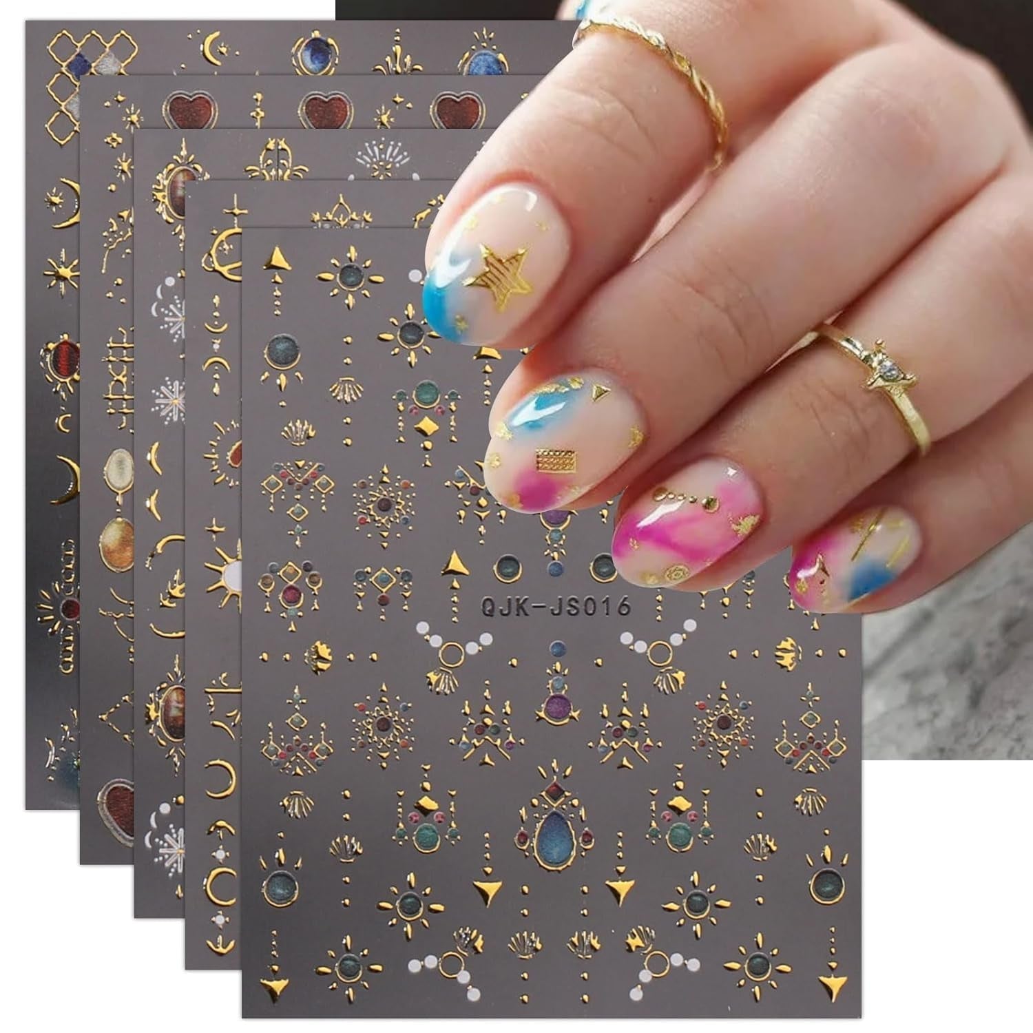 JMEOWIO Nálepka na nehty Herz Mond Stern 9 Blatt Nálepka na nehty Selbtklebend Nagelaufkleber Bunt Dekoration Nageldesign Zubehör
