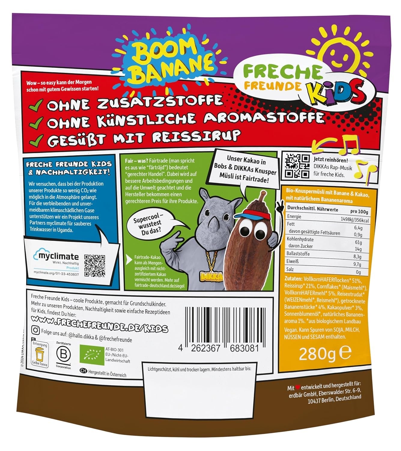 FRECHE FREUNDE KIDS, Bobs & DIKKAs Křupavé banánové kakaové müsli, křupavé čokoládové müsli pro děti, nízký obsah cukru, bez přísad, 100% vegan, 6 kusů (6 x 280 g)
