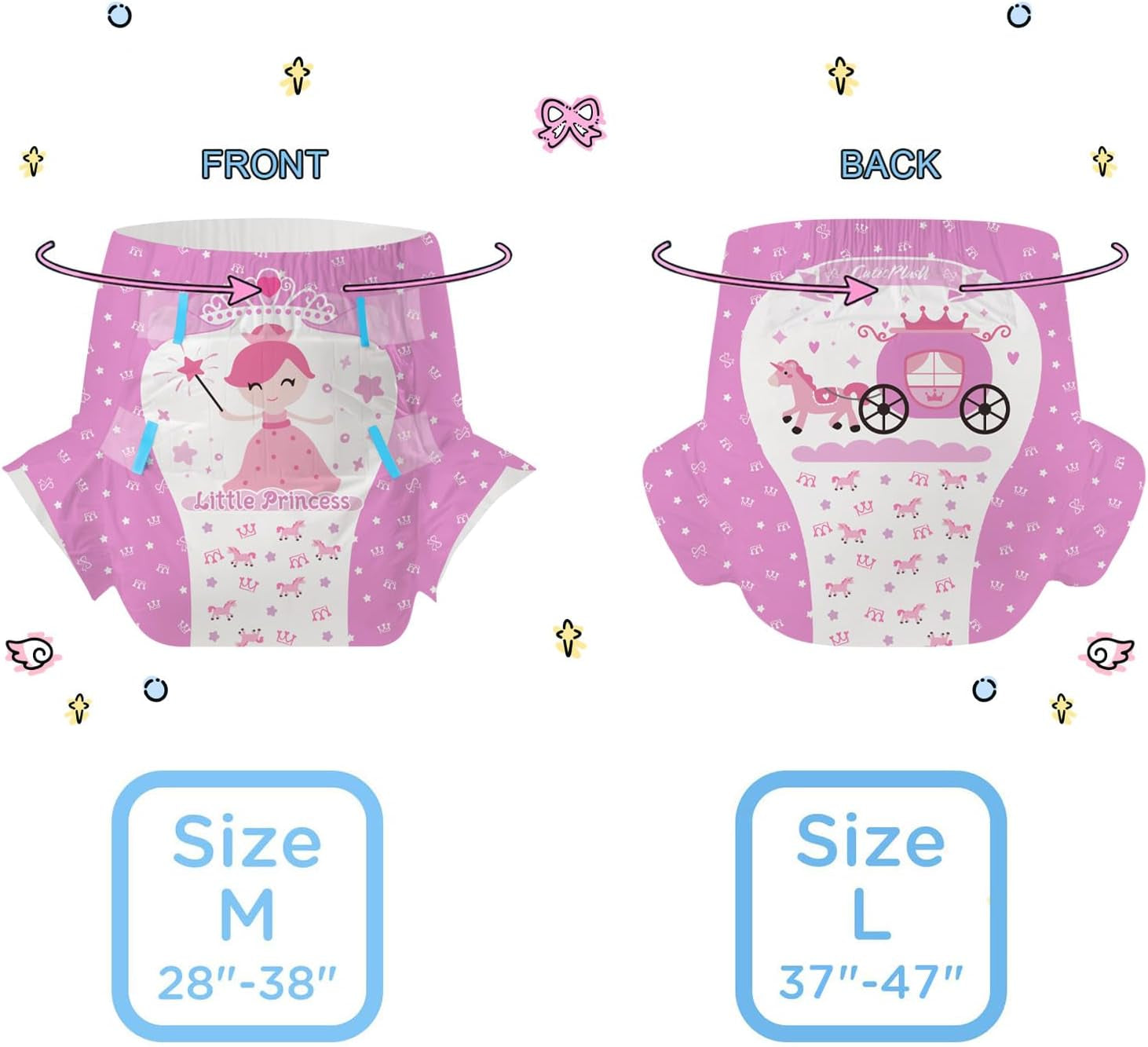 Plenky pro dospělé CutiePlusU, 10 kusů, jednorázové inkontinenční kalhotky s prostěradlem pro ženy a muže, maximální savost přes noc - malá princezna (velká velikost 94-119 cm)