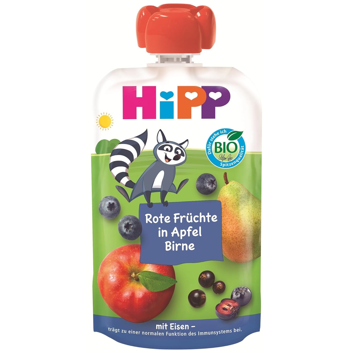 HiPP Bio Quetschie Frucht Plus Rote Früchte v Apfel Birne plus Eisen - Willi Waschbär (8 x 100 g), ab 1 Jahr, 100% Fruchtpüree, bez Zuckerzusatz, vegan, v nejlepší Bio-Qualität