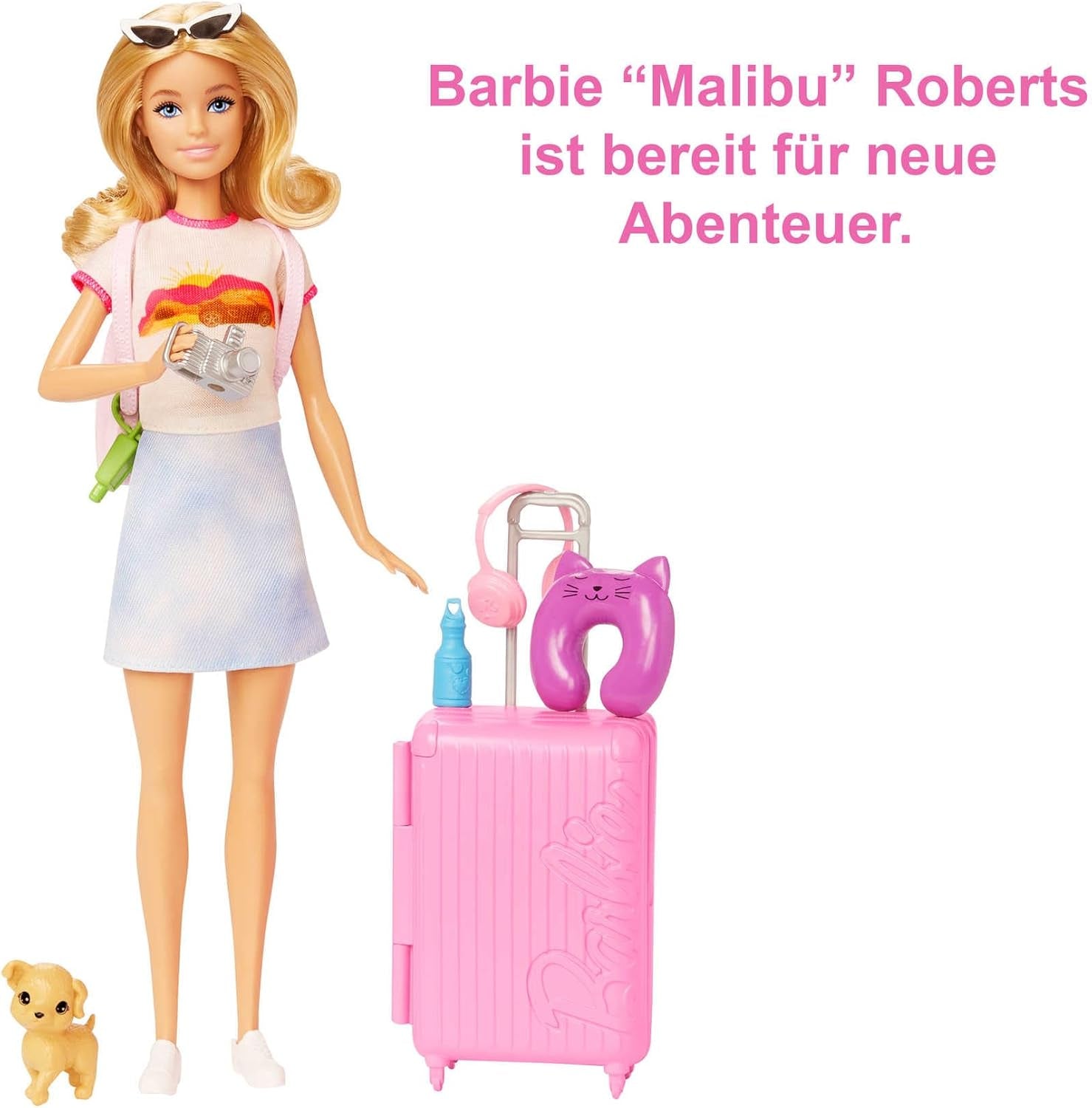 Panenka Barbie, Cestovní Barbie s blond vlasy, 10+ Cestovní doplňky, Nálepky, Kufr, Štěně, Obsahuje 1 panenku, Dárek pro děti, Hračka od 3 let, HJY18