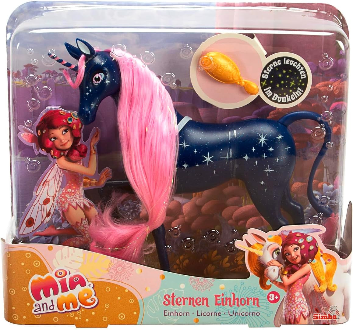 Simba 109483043 - Mia a já hvězdný jednorožec 25 cm, kůň na hraní se svítícími hvězdami na těle a kartáč na vlasy, věk 3+