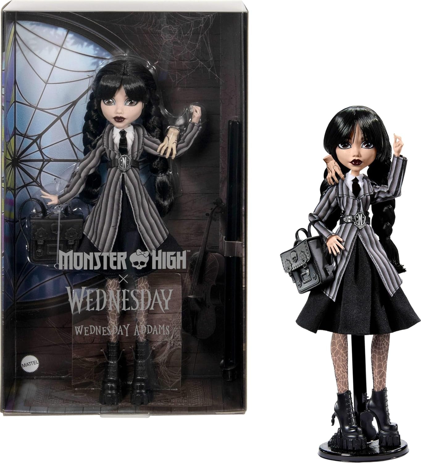 Monster High Wednesday Puppe and Accessoires, Wednesday Addams Sammelfigur in Nevermore Academy Uniform s Eiskaltem Händchen und Rucksack, Puppenständer, HXJ04