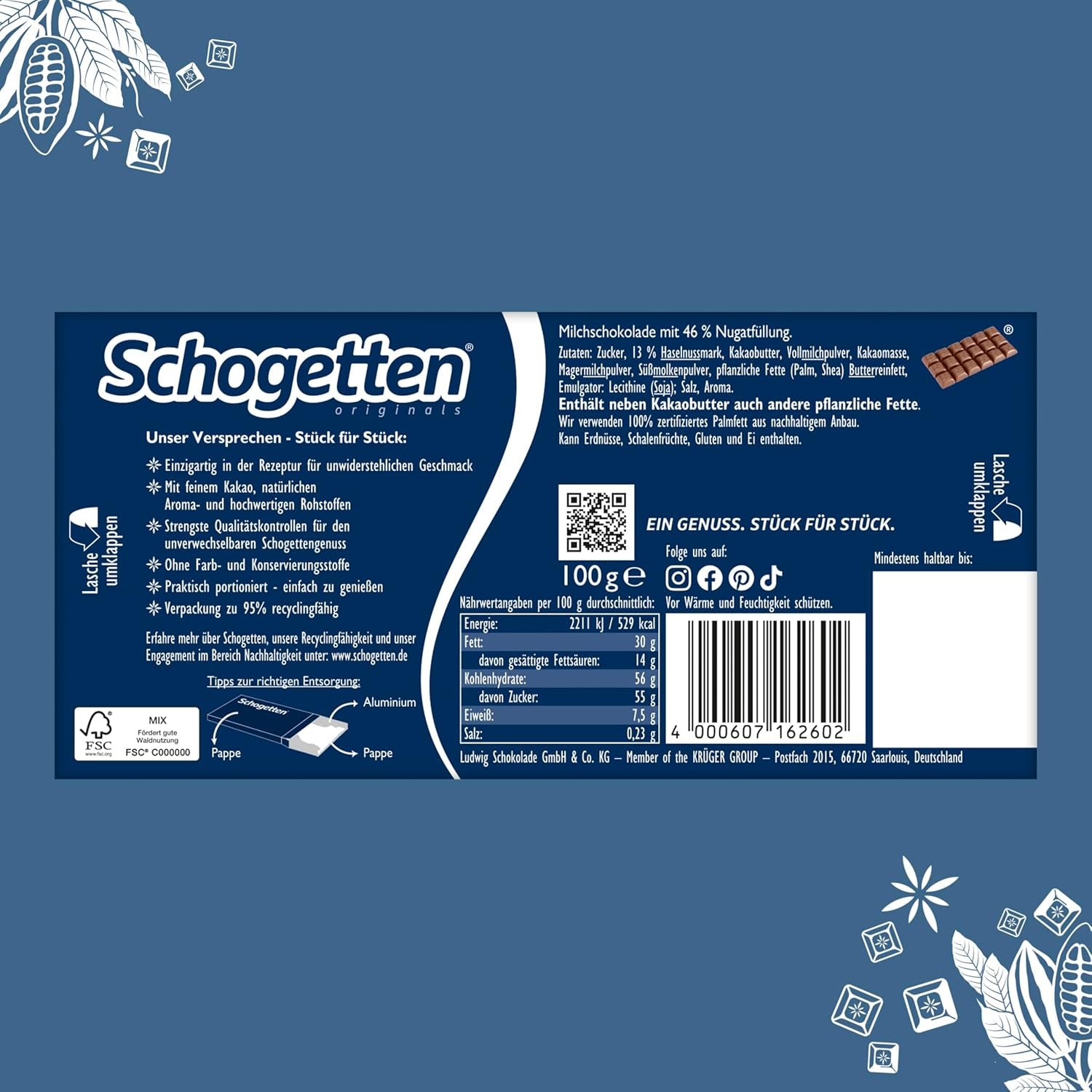 Čokoládová tyčinka Schogetten Nugát 100g, jednotlivě porcovaná. Potěšení. Kousek po kousku.