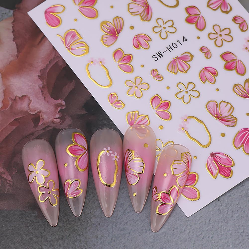 Zlatá Linie Schieber Rosa Samolepka na nehty Blumen 3D Květina Samolepka na nehty Sakura Blütenblätter Blumen Nagelaufkleber Frühling Summer Floral Nagel Sticker Květiny Samolepky na nehty Nageldesign Zubehör Nail Art