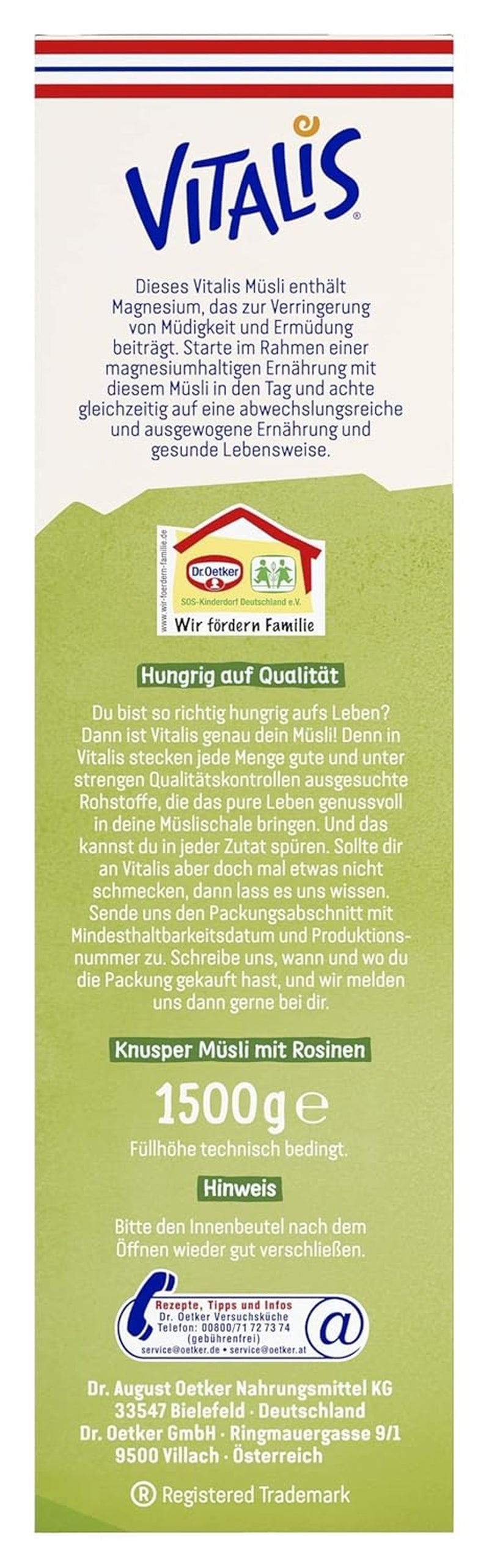Oetker Vitalis klasické křupavé müsli: velké balení křupavého snídaňového müsli s rozinkami, 1 balení, 1,5 kg