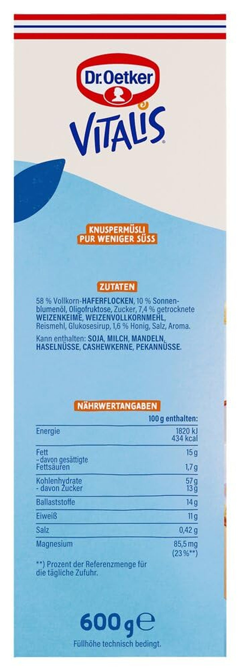 Dr. Oetker Vitalis Less Sweet Crunchy Pure: Křupavé müsli s o 30 % méně cukru, balení 5 ks (5 x 600 g)