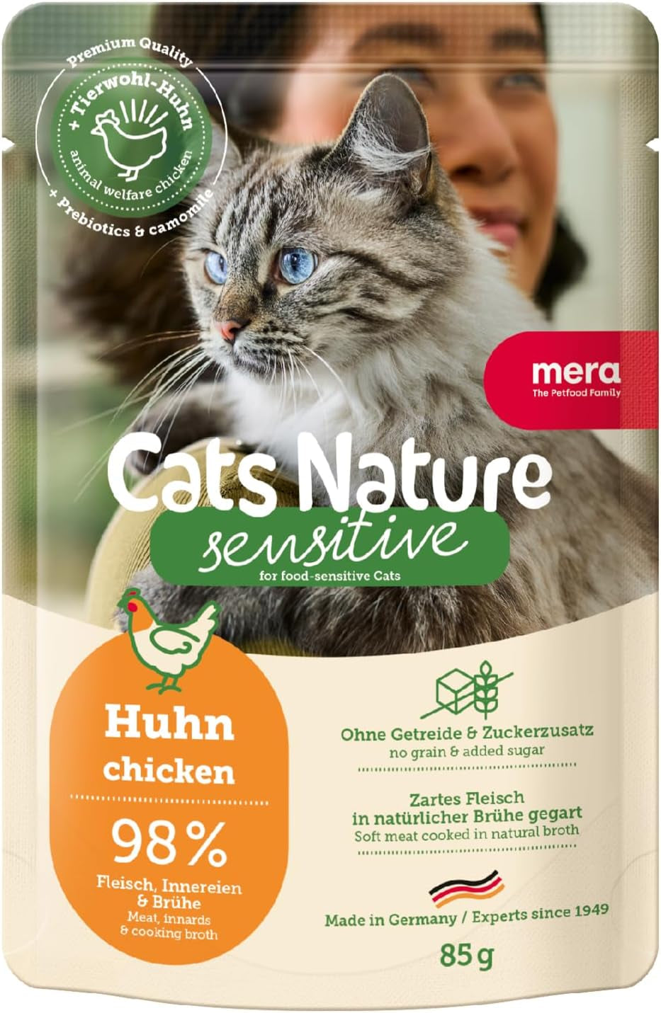 Mokré krmivo pro kočky MERA Cats Nature Sensitive s kuřecím masem 12x85g | Monoprotein, bez cukru a bez obilovin | Vysoký obsah masa a lehce stravitelné vlhké krmivo pro kočky