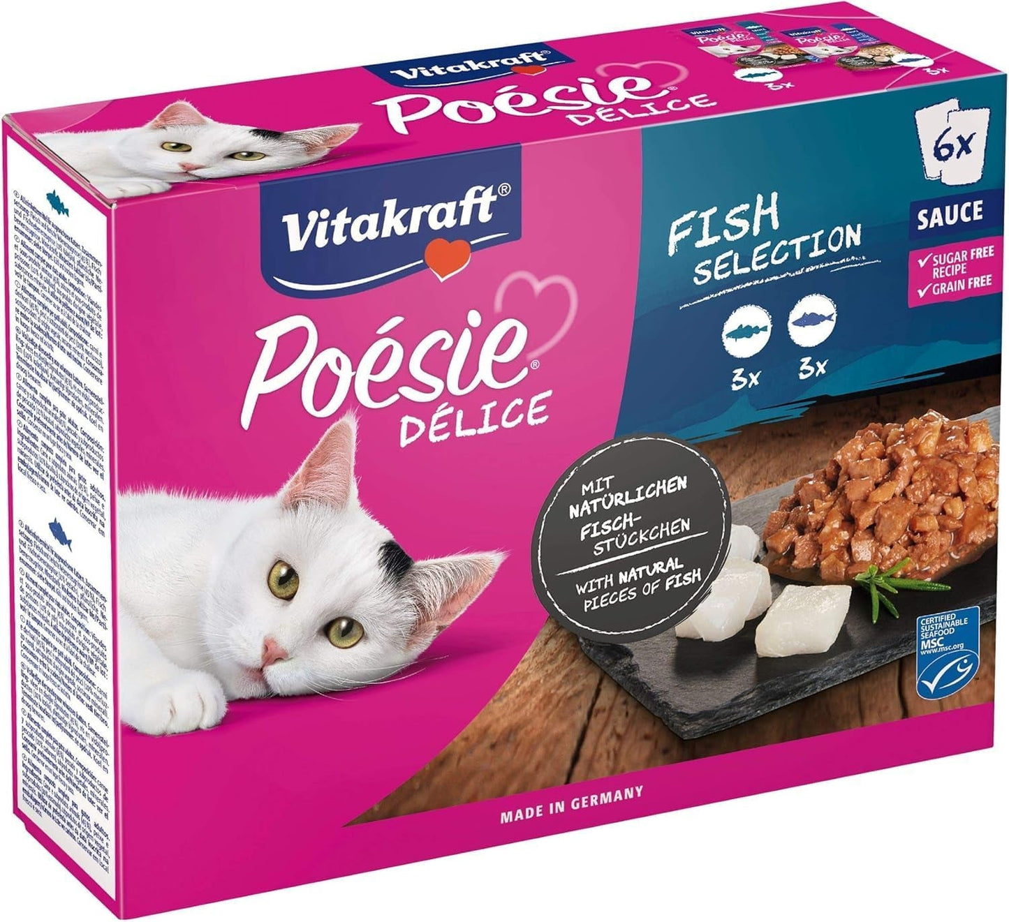 Vitakraft Poésie Délice, Fish Selection, Nassfutter Katze, Katzennassfutter v omáčce, mit Seelachs, mit Kabeljau, bez Zusatz von Zucker und Getreide (1 balíček s 6x 85g)