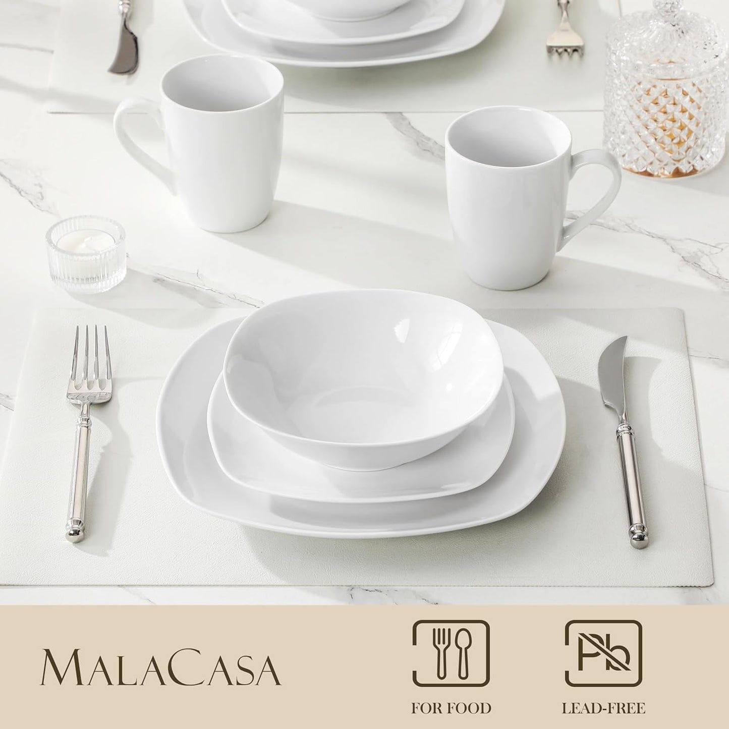 Sada nádobí MALACASA pro 4, 16dílné bílé porcelánové nádobí, moderní sada nádobí se 4 talíři, dezertními talíři, talíři a šálky Suma, řada ELISA