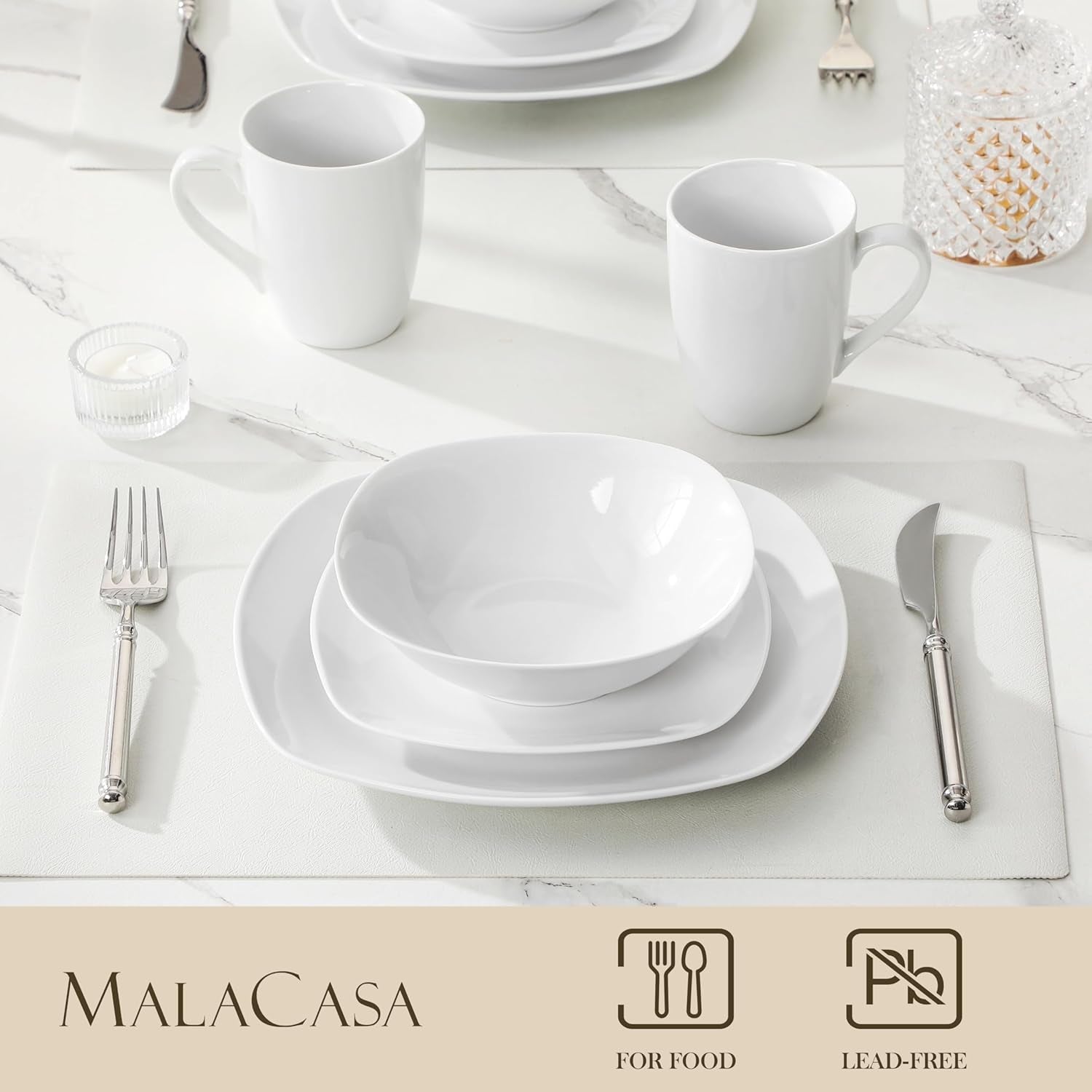 Sada nádobí MALACASA pro 4, 16dílné bílé porcelánové nádobí, moderní sada nádobí se 4 talíři, dezertními talíři, talíři a šálky Suma, řada ELISA