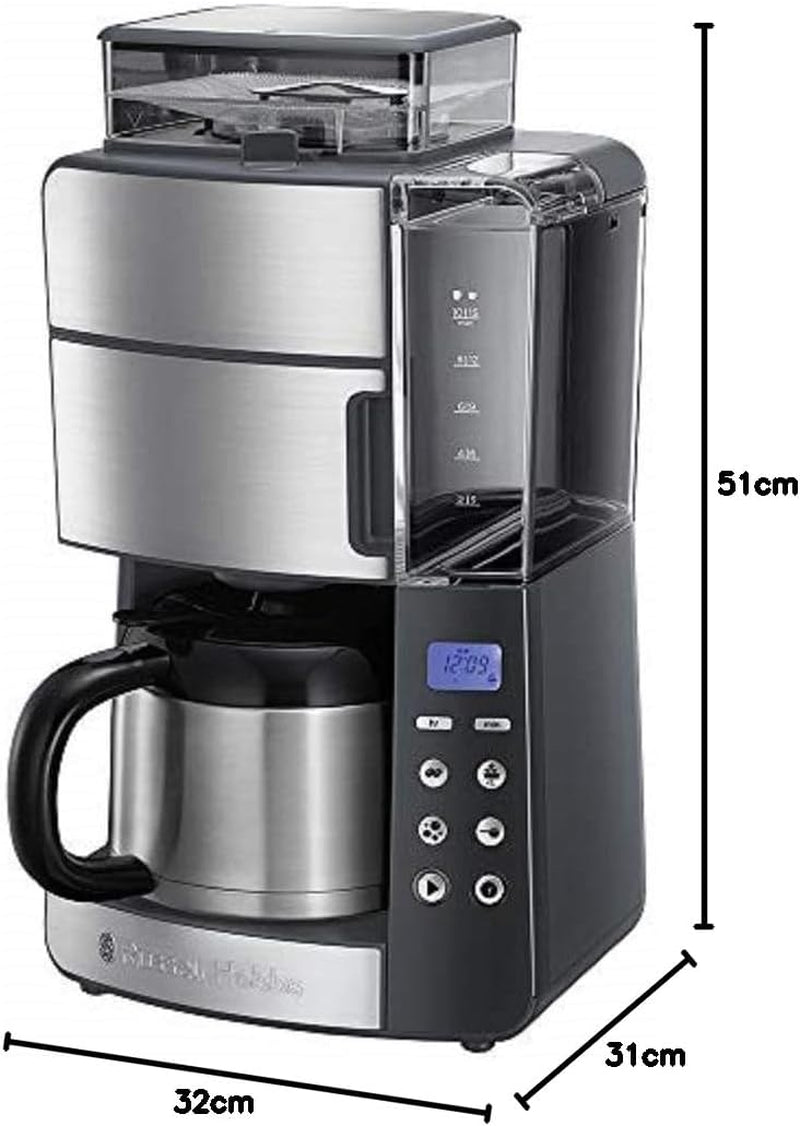 Kávovar Russell Hobbs s mlýnkem a termo karafou [Digitální časovač, sprchová hlavice pro optimální extrakci a aroma] Grind&Brew (1-10 šálků, 3 nastavení mletí) Filtrační kávovar 25620-56