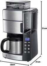 Kávovar Russell Hobbs s mlýnkem a termo karafou [Digitální časovač, sprchová hlavice pro optimální extrakci a aroma] Grind&Brew (1-10 šálků, 3 nastavení mletí) Filtrační kávovar 25620-56
