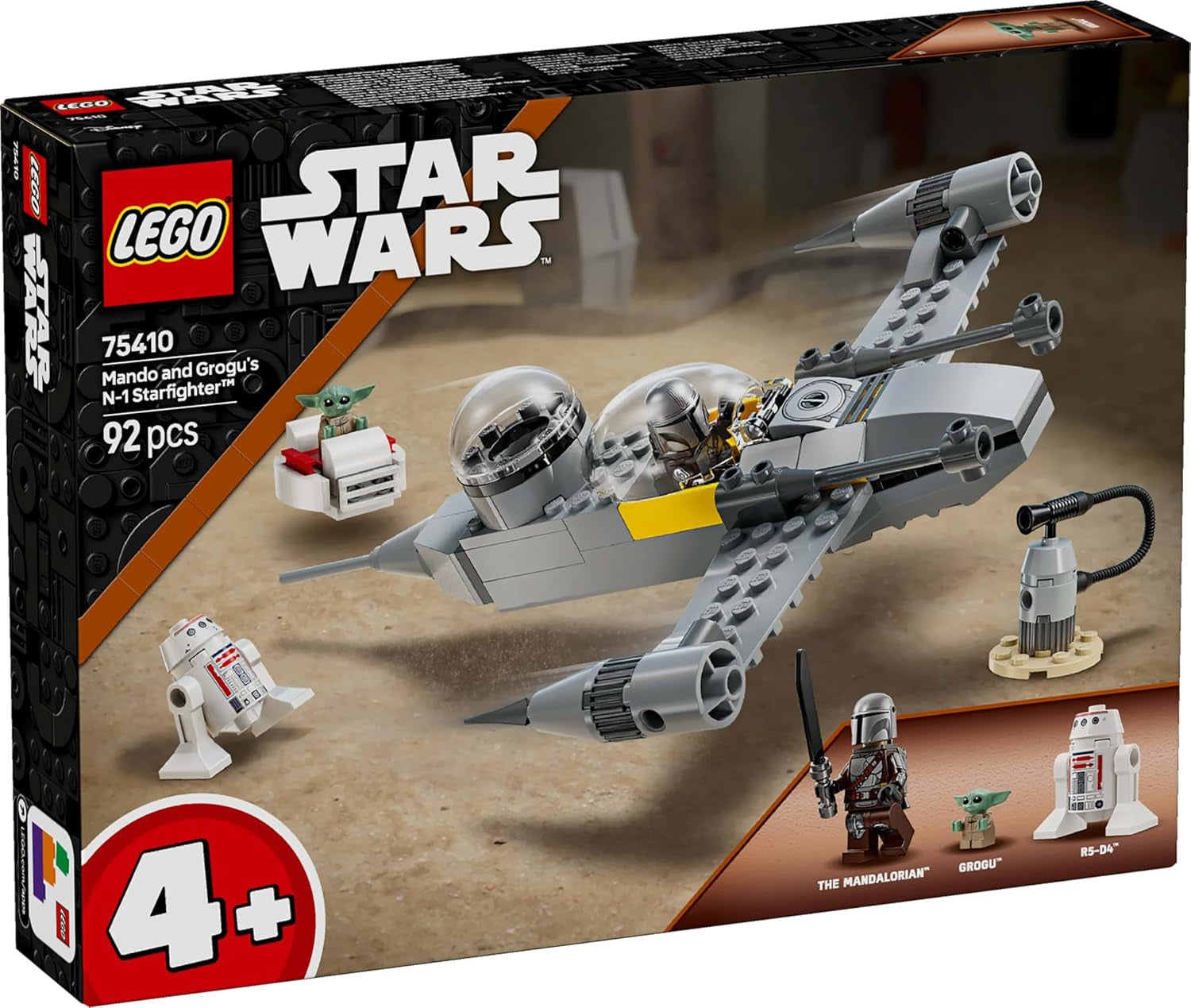 Hračka LEGO Star Wars 75410 Mandos a Grogus N-1 Starfighter s minifigurkami Mandaloriana, Grogu a R5-D4, včetně sestavitelného sloupu, startovací sady hvězdné lodi pro chlapce a dívky od 4 let Stavebnice Beuche den LEGO-Store