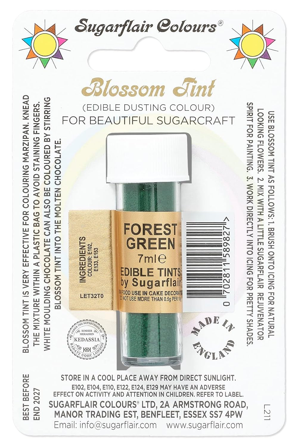 Potravinářské barvivo v prášku Sugarflair Blossom Tint Dusting Forest Green - Potravinářské barvivo v prášku na zdobení barevné cukrové pasty, fondánu, polevy, čokolády, máslového krému, makronek - 7ml