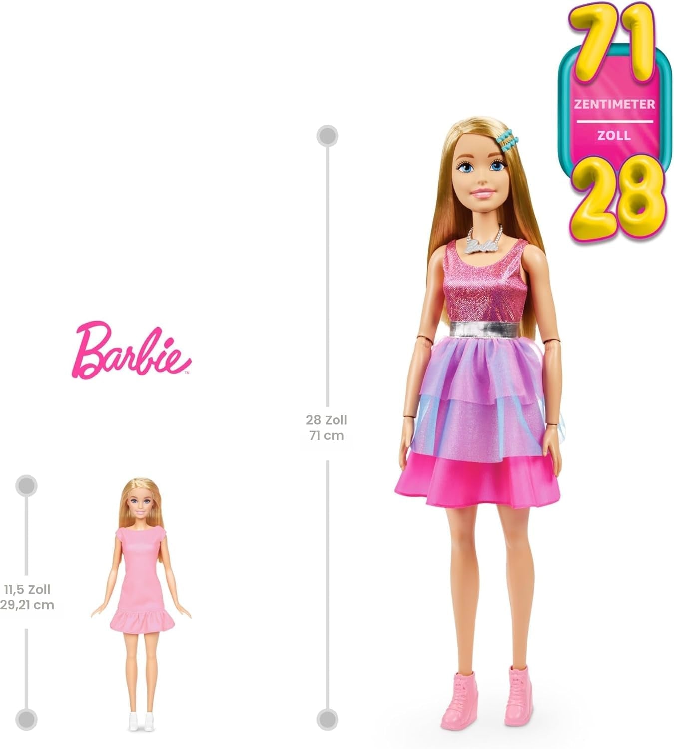 Panenka Barbie Extra velká (71 cm) – růžové šaty, blond vlasy se sponou a náhrdelníkem, dárek pro 3 roky a více, HJY02