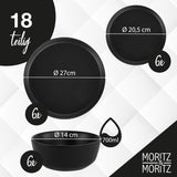 Moritz & Moritz NORDIC Sada nádobí pro 6 osob - 18dílná sada černého nádobí z černého nádobí - Skandinávský design - Sada robustního nádobí pro 6 osob pro každodenní použití a hosty - Kombinovaná sada nádobí