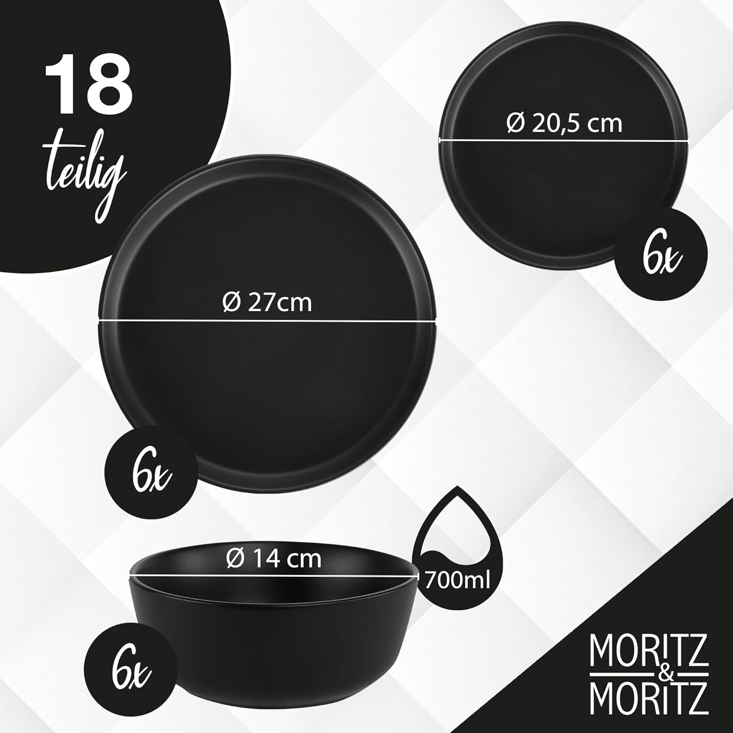 Moritz & Moritz NORDIC Sada nádobí pro 6 osob - 18dílná sada černého nádobí z černého nádobí - Skandinávský design - Sada robustního nádobí pro 6 osob pro každodenní použití a hosty - Kombinovaná sada nádobí