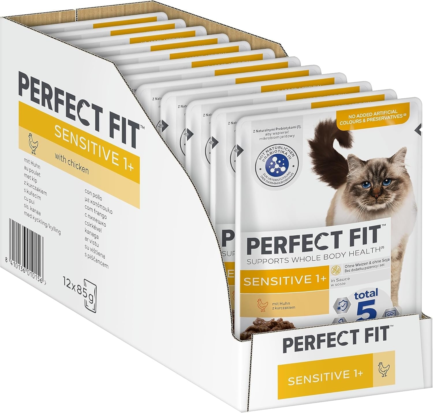 Mokré krmivo pro kočky Perfect Fit Sensitive 1+ s kuřecím masem v omáčce, 12 sáčků, 12 x 85 g - Prémiové vlhké krmivo pro citlivé kočky od 1 roku, bez pšenice a sóji, pro podporu trávení