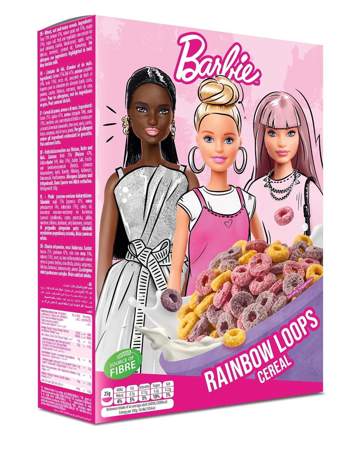 Barbie Rainbow Loops cereálie, barevné kroužky pšenice, ovsa a kukuřice s ovocnou příchutí pro perfektní snídani, 1 balení (1 x 350 g)