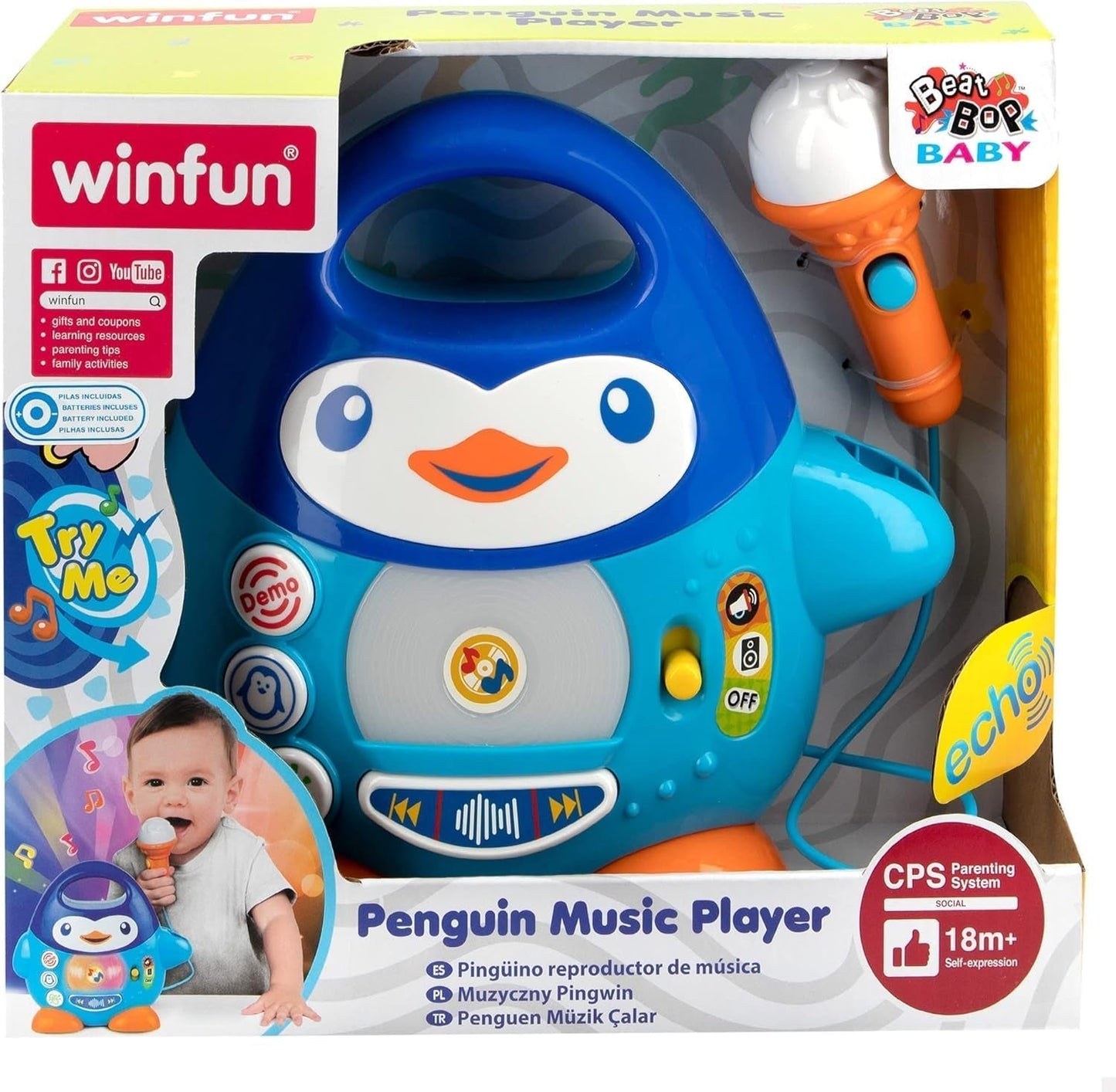 Hudební přehrávač karaoke WinFun, design tučňáka, s blikajícími světly a echo efekty, v modré barvě, hravý styl, připojení USB Baby Toys Naty Shop