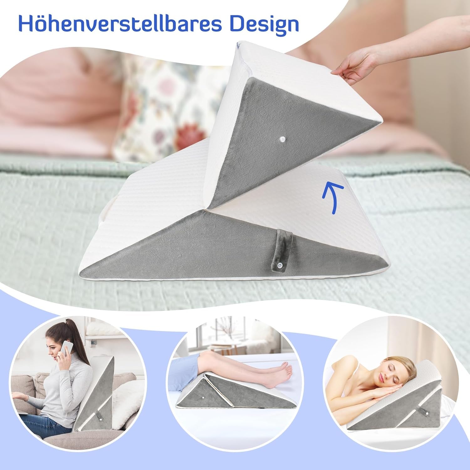 DĚTI Polštář s nastavitelným klínem, polštář na čtení z pěny s vysokou hustotou do postele a na pohovku, Ergonomický polštář na hlavu s klínovým klínem pro spánkovou apnoe, polštář na nohy/záda na hraní a čtení (bílá a šedá)