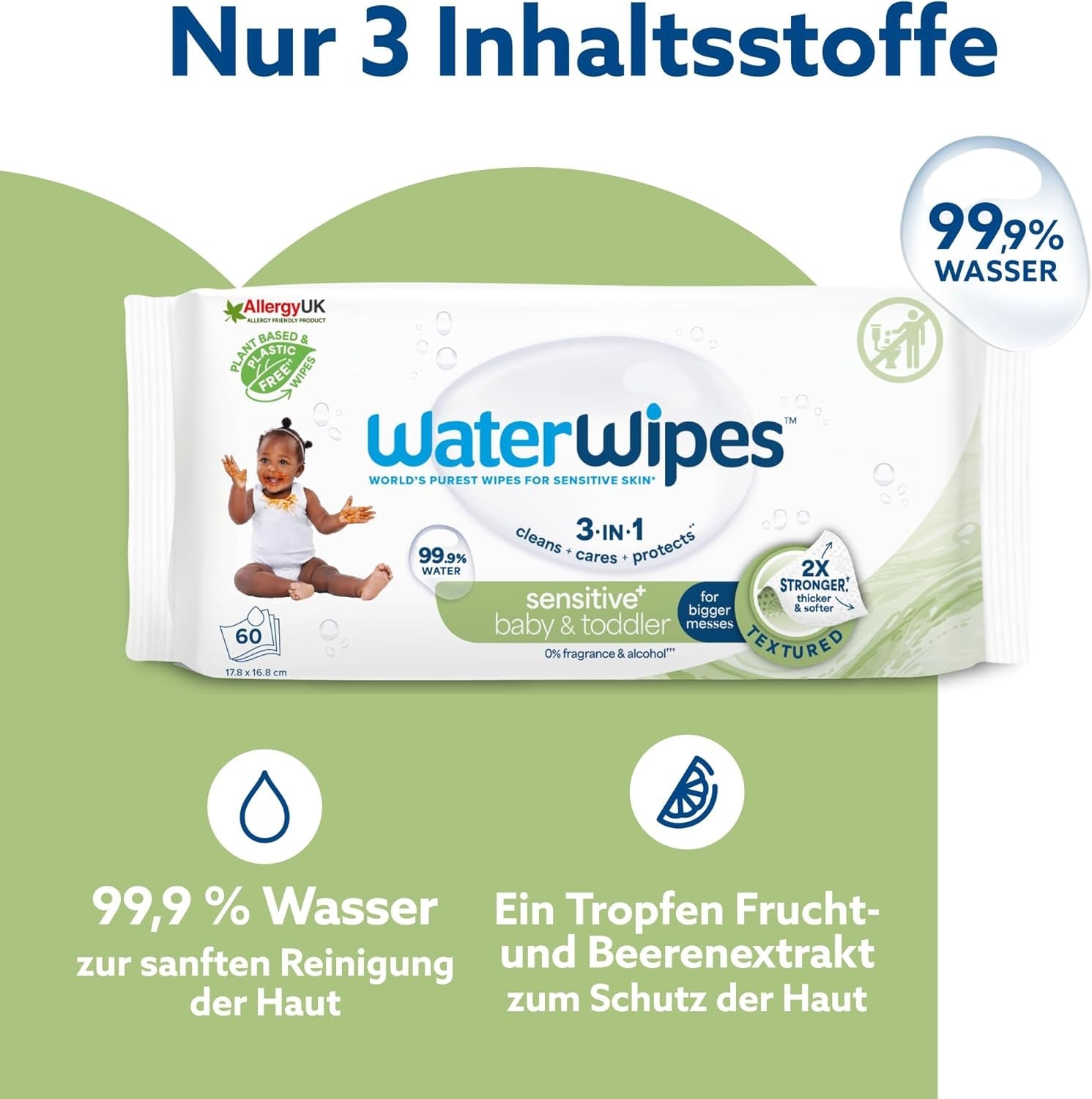 WaterWipes Sensitive+ vlhčené ubrousky pro kojence a batolata, počet 720 (12 balení), 3 v 1 čištění, péče, ochrana, 99,9 % vody, texturované čištění, bez parfemace
