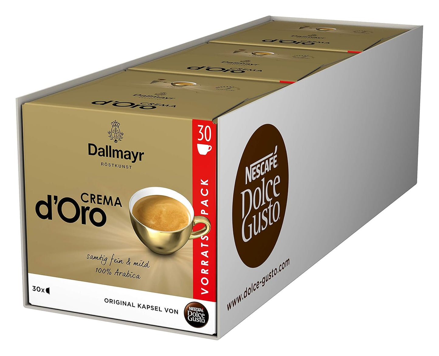 Dallmayr Crema d'Oro, XXL-Vorratsbox (3 x 30 kapslí) & Dallmayr Crema d'Oro Caffè Latte (48 kafé, 48 ks, cremig & ausgefungen) 3er Pack (3 x 16 kapslí)