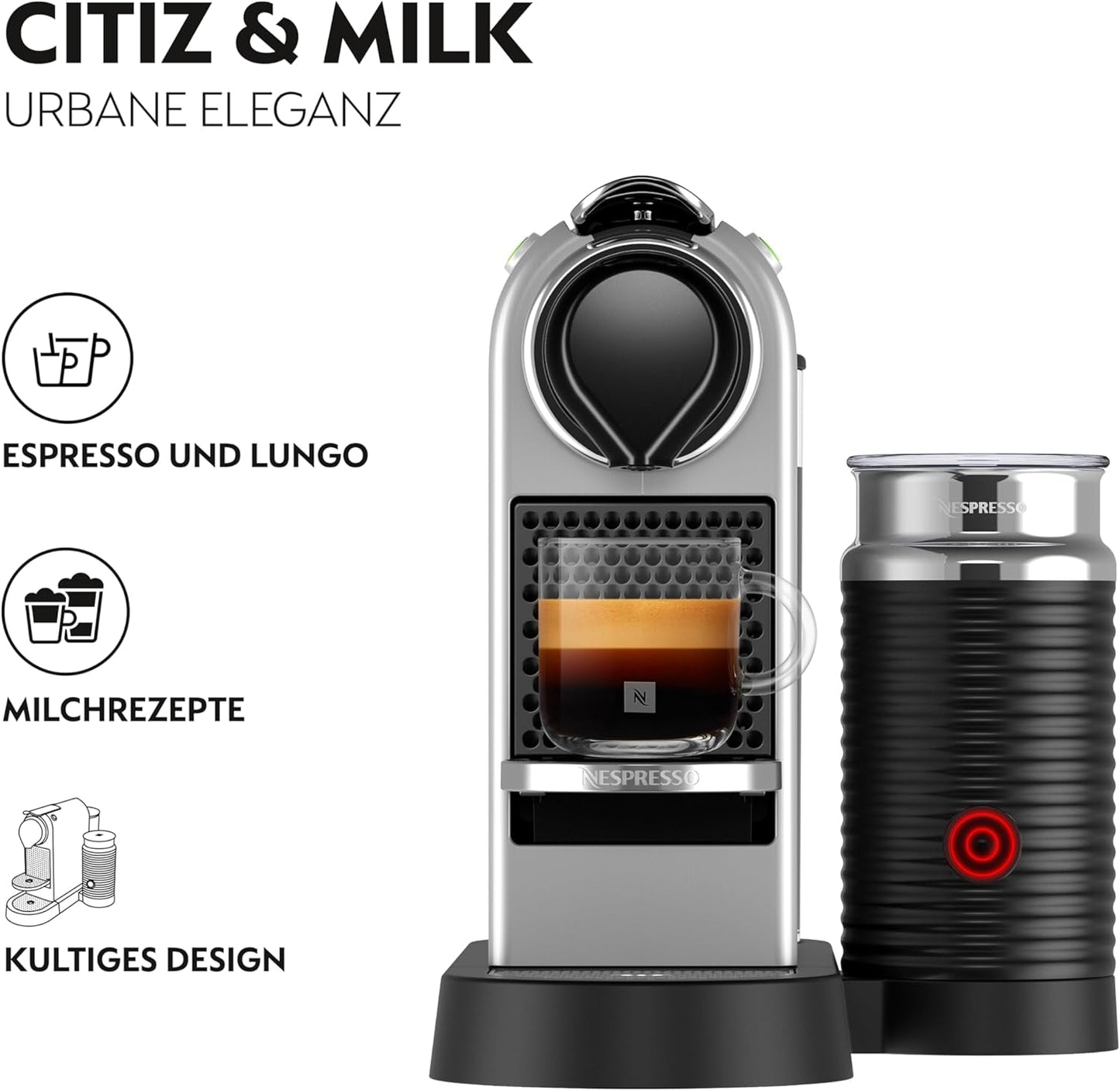 Espresso kávovar s kapslemi Nespresso XN761B Citiz&Milk | Automatický pohotovostní režim | 1260 wattů | Objem nádržky na vodu: 1 l | Tlak čerpadla: 19 bar | Stříbro
