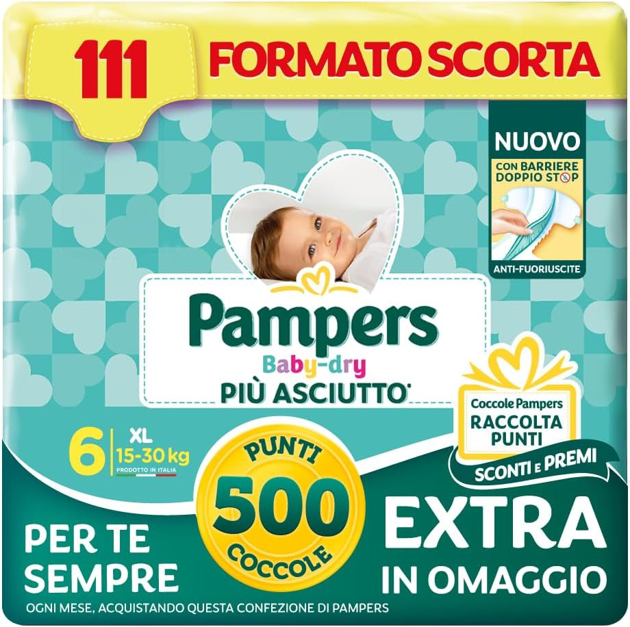 Pampers Baby Dry XL velikost 6 (15–30 kg), 111 plen + 500 bodů zdarma navíc