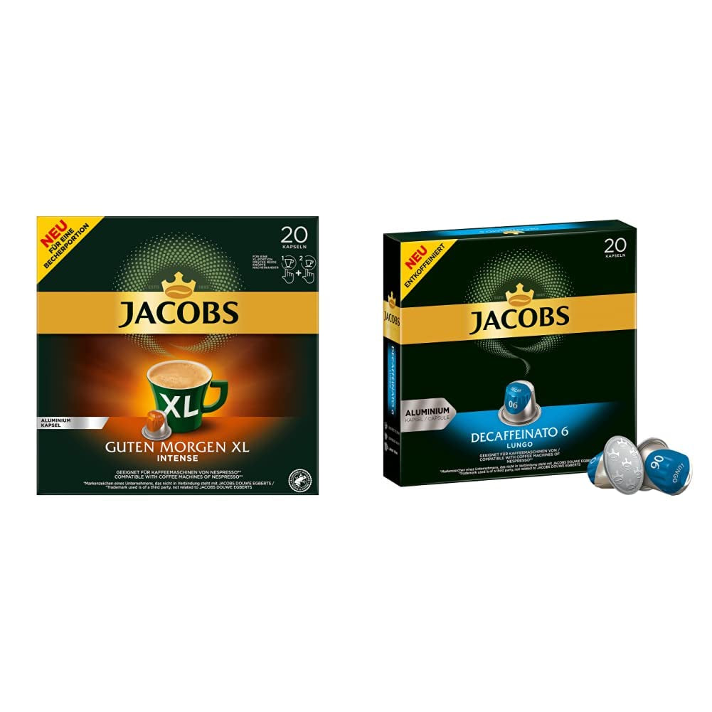 Jacobs Kaffeekapseln Guten Morgen XL Intense - 10er Pack (10 x 20 Getränke) & Kaffeekapseln Lungo Decaffeinato - Intensität 6-200 Nespresso kompatibilní Kapseln, 10er Pack, 10 x 20 Getränke