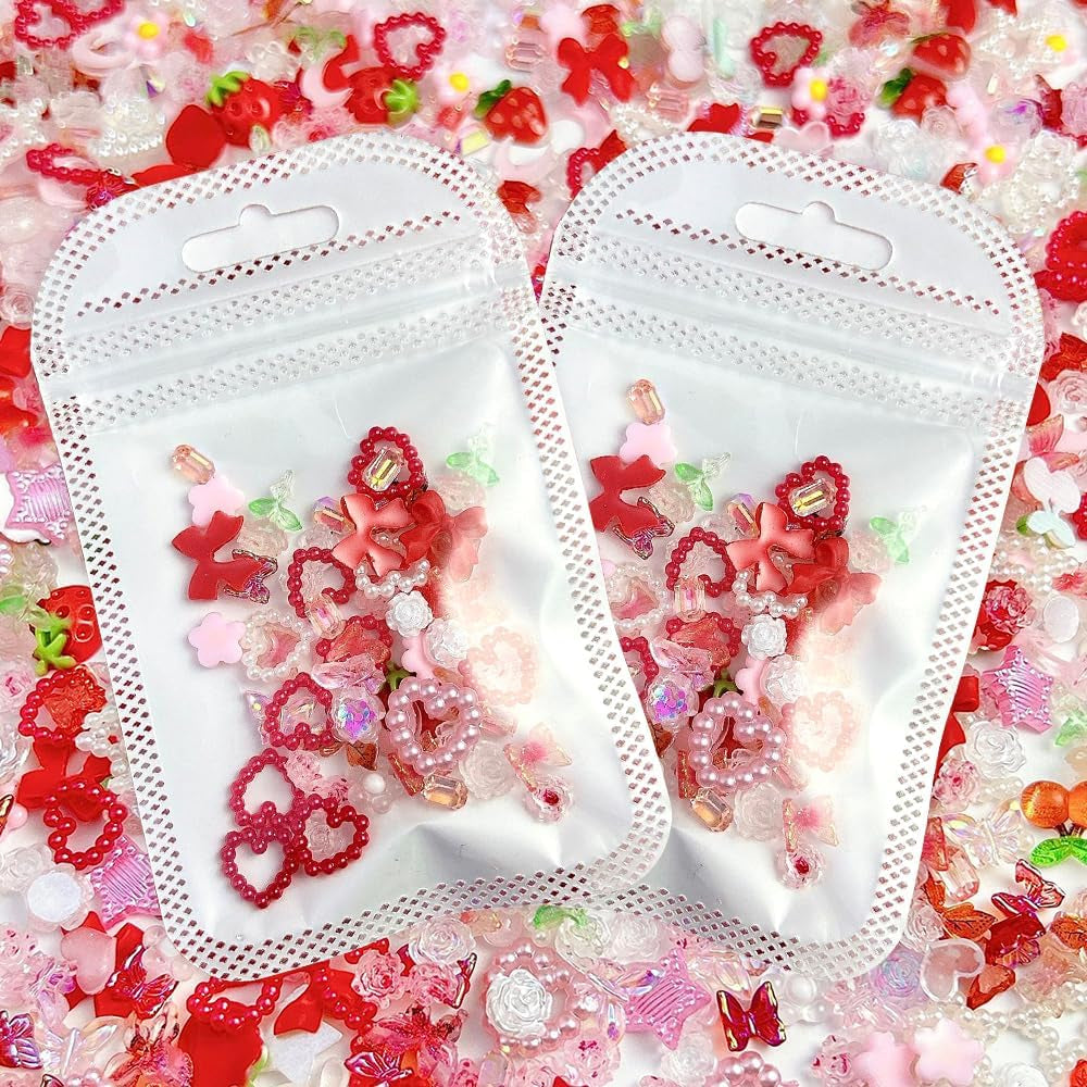 100ks 3D kouzla na nehty Rosa Rot Kirsche Erdbeere Blume Přívěsky na nehty Kamelie Rose Schmetterling Přívěsky na nehty Flatback Herz Schleife Charms Nägel Zubehör Mond Stern Nagelschmuck Nageldesign Anhänger