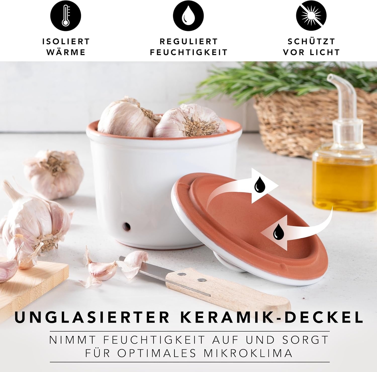 Römertopf Fresh Pot MINI 0,6 litru - Keramický hrnec na česnek - Prodyšná hlína udrží zeleninu déle čerstvou - Ideální cirkulace vzduchu - Bílé úložné boxy na potraviny Naty Shop