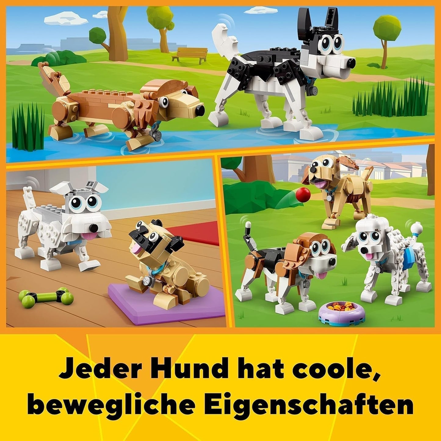 Sada LEGO 31137 Creator 3v1 roztomilý pes s figurkami zvířat jezevčík, mops, pudl a další, hračka pro děti 7+, dárek pro milovníky psů Stavebnice Besuche den LEGO-Store