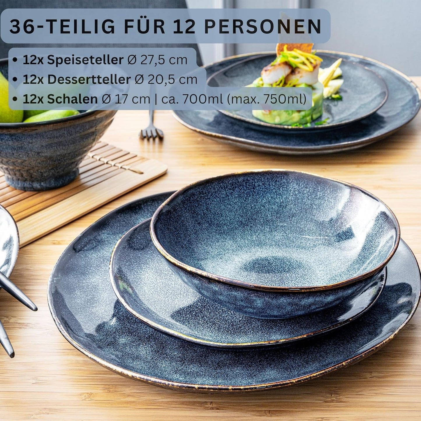 Sänger | Tokyo 36dílná sada porcelánového nádobí Sada porcelánového nádobí pro 12 osob Moderní ručně vyráběné tmavě modré nádobí s černými akcenty | PRÉMIOVÁ KOLEKCE